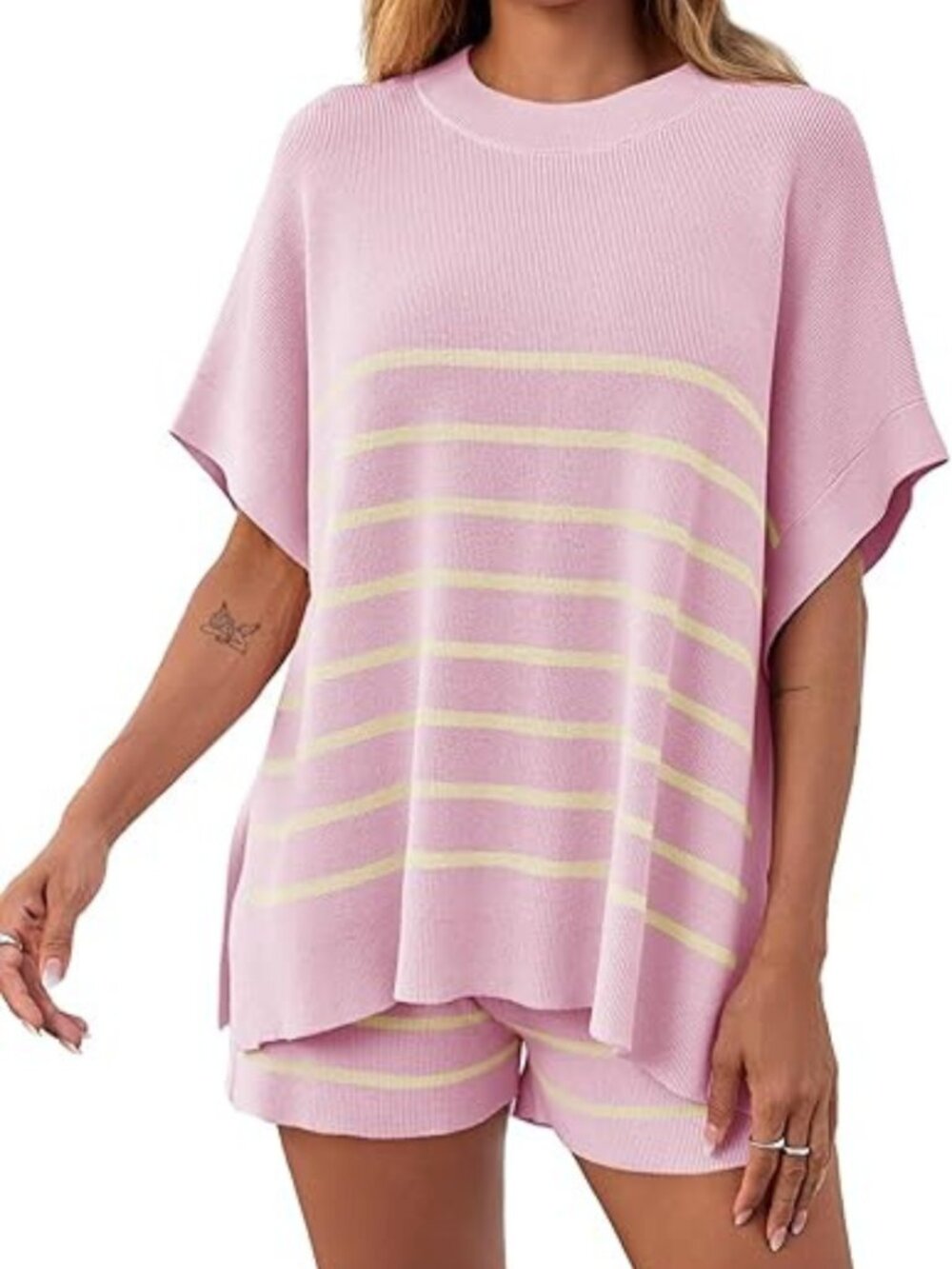 Fisoew Women Striped 2 Piece Lounge Set Oversized Top Shorts Knit Set